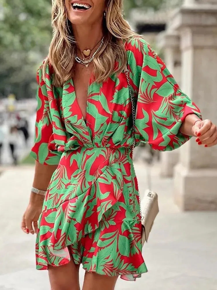 Summer Irregular Mini Dress Print Bohemia Sundress Bat Sleeve Ruffles Vestidos Dresses for