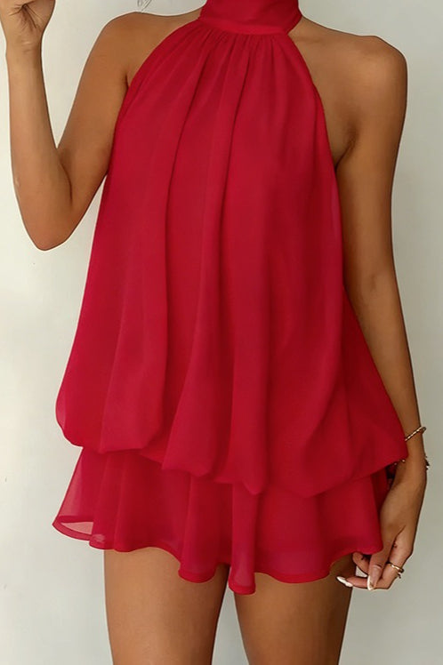 Backless Halter Tie Waist Slim Fit Ruffled Mini Dress