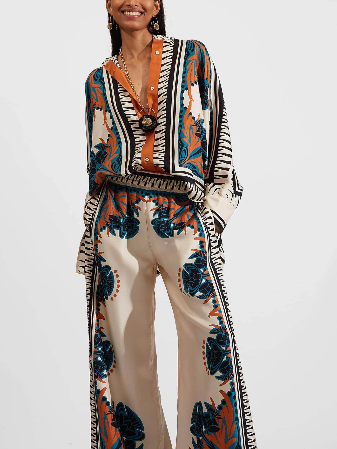 Exquisite Satin Plant Print Loose Wide-leg Pants
