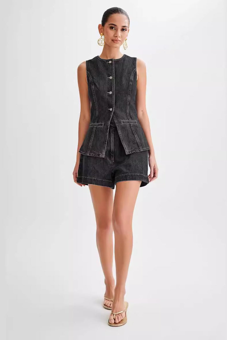 High Waist Vest Denim Shorts Set