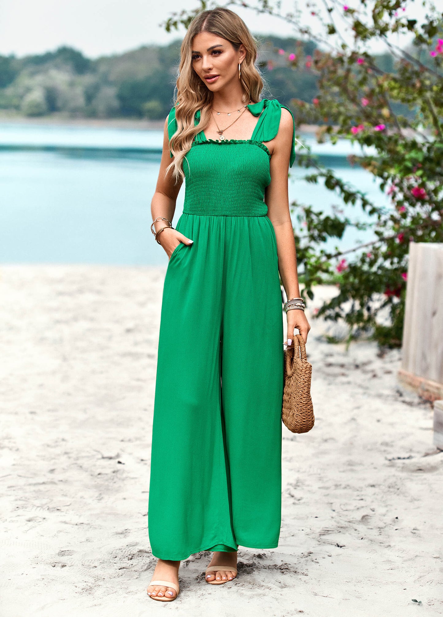 Janice Rayon Pocketed Jumpsuit - Green