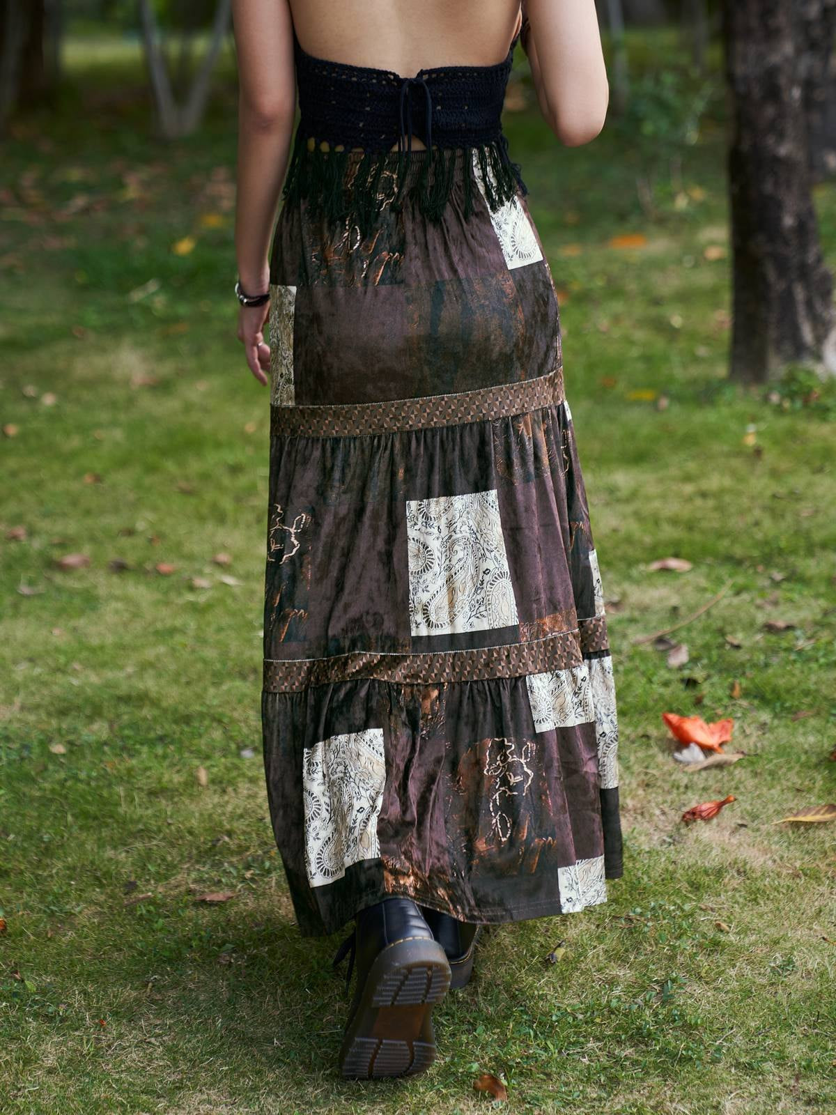 Brown Patchwork Velvet Printed Maxi Skirt