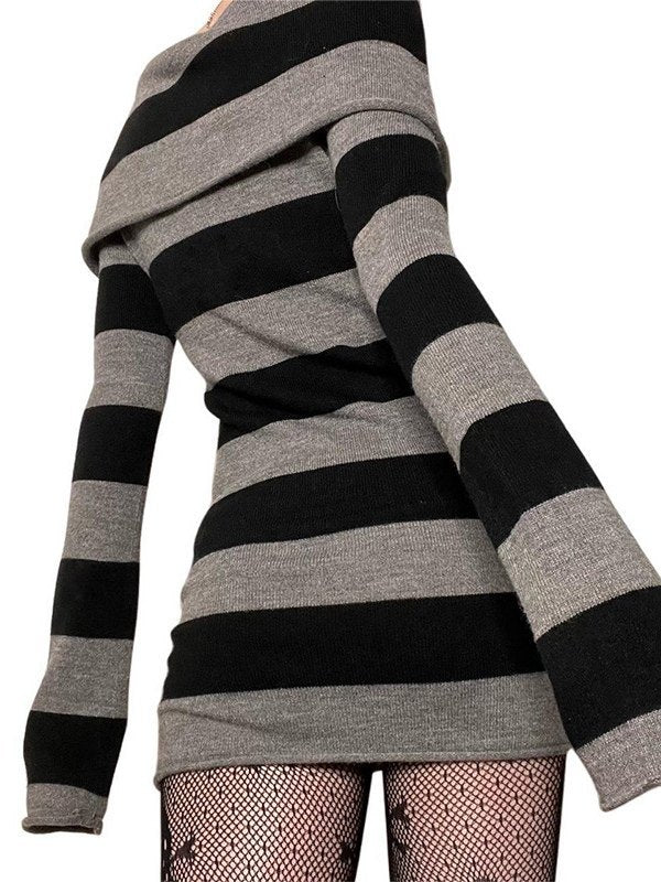 Striped Off-the-shoulder Long Sleeve Knit Mini Dress