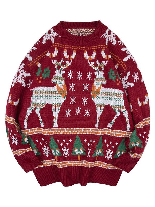 Oversize Christmas Sweater With Crew Neck and Deer Pattern