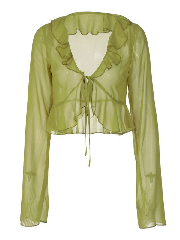 Green Sheer Mesh Long Sleeve Crop Blouse With Ruffle
