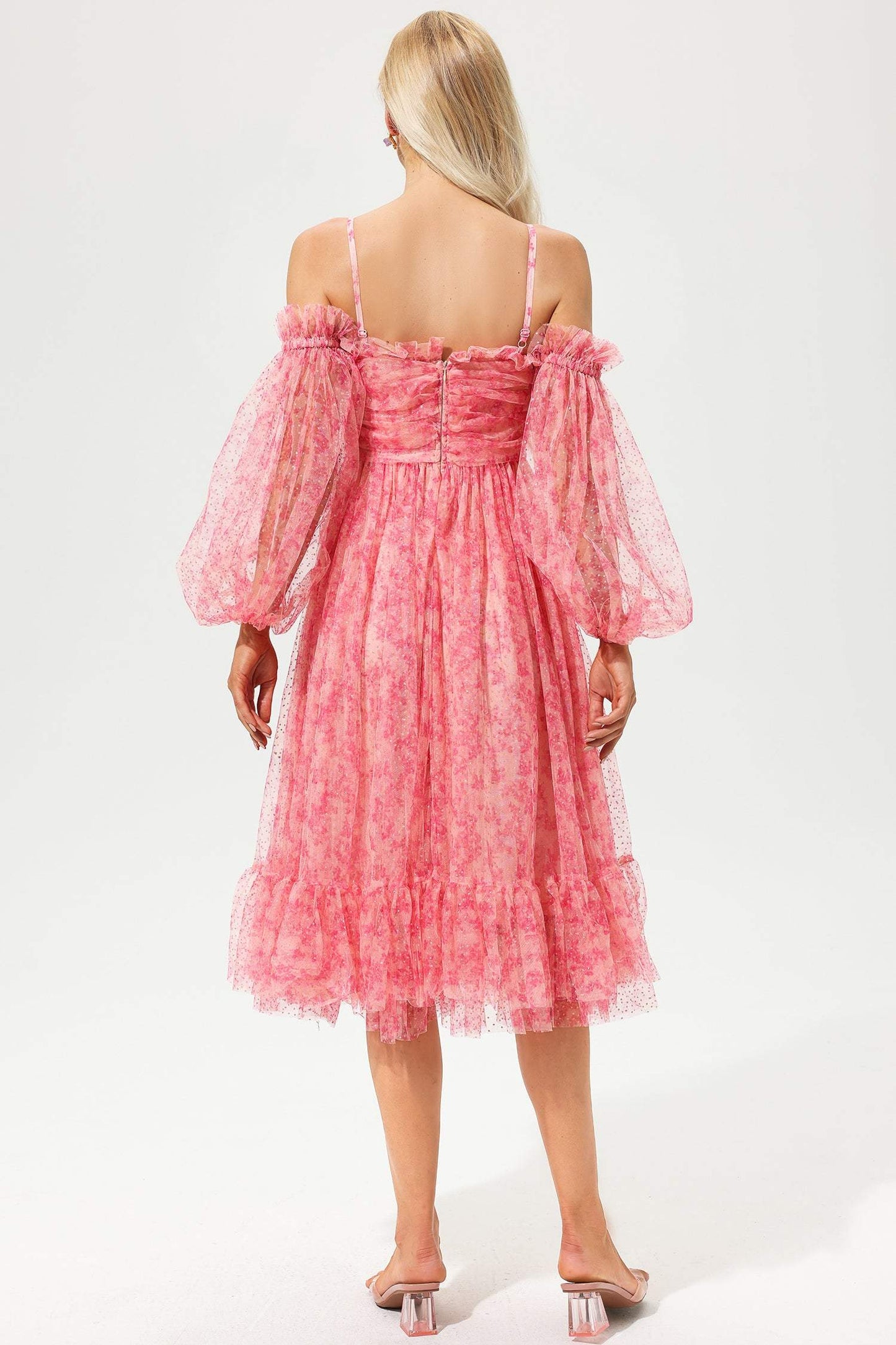 Lantern Sleeve Off-shoulder Pleated Midi Dress