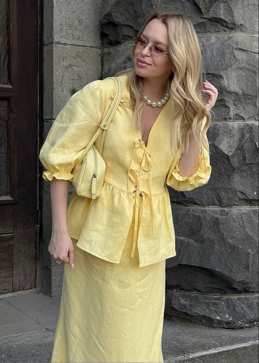 Solara - Puff Sleeve Cotton Set With Tie Waist and Maxi Skirt