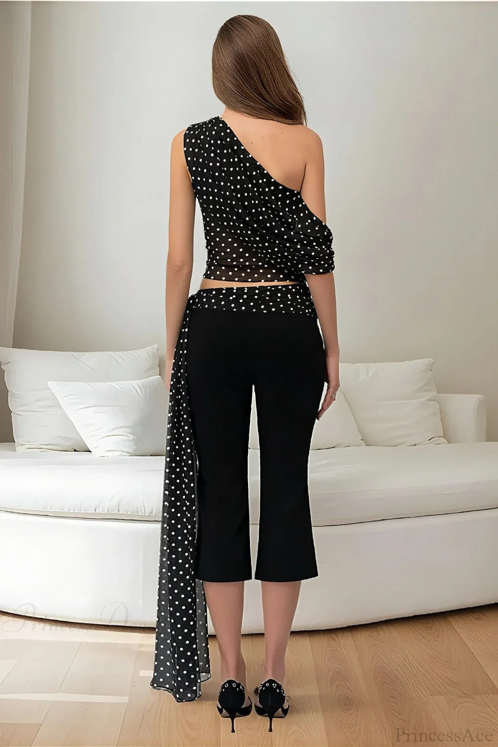 Polka Dot Off Shoulder Crop Top Two Pieces Set