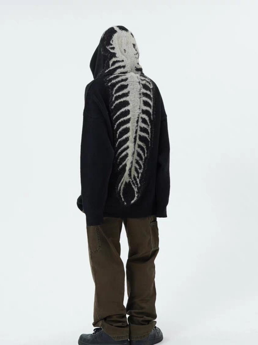 Black Punk Hooded Sweater With Skull Jacquard Pattern