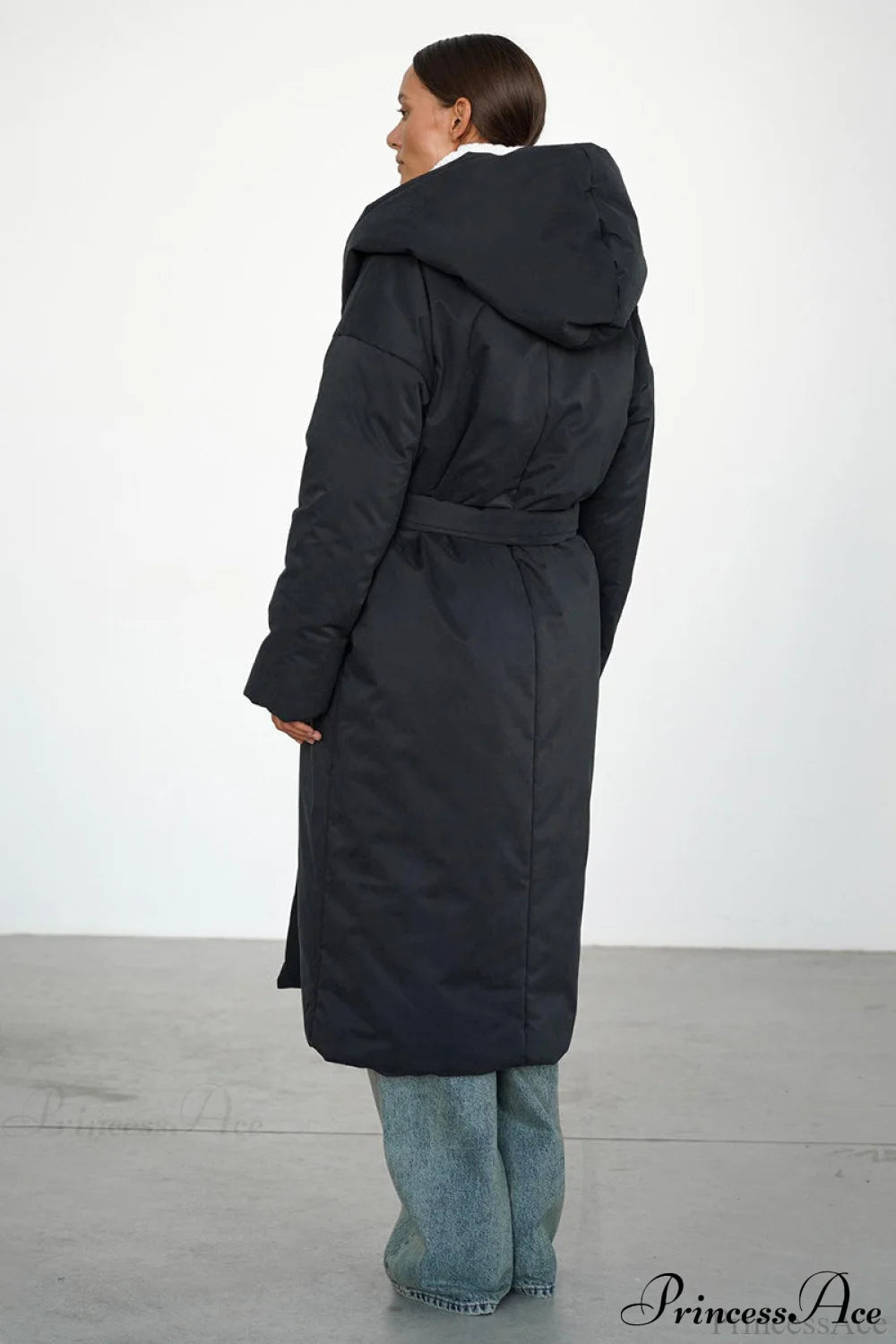 Warm Long Hooded Belted Cotton Puffer Overcoat