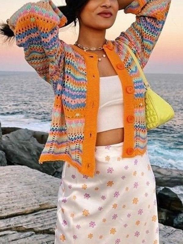 Striped Crochet Knit Cardigan With Buttons