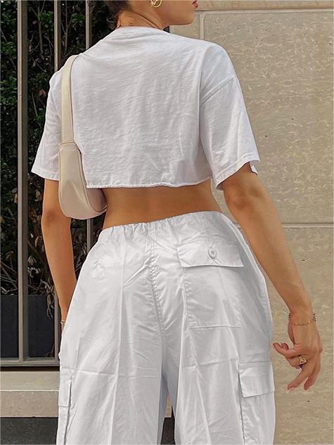 White Y2k Baggy Parachute Cargo Pants With Drawstring