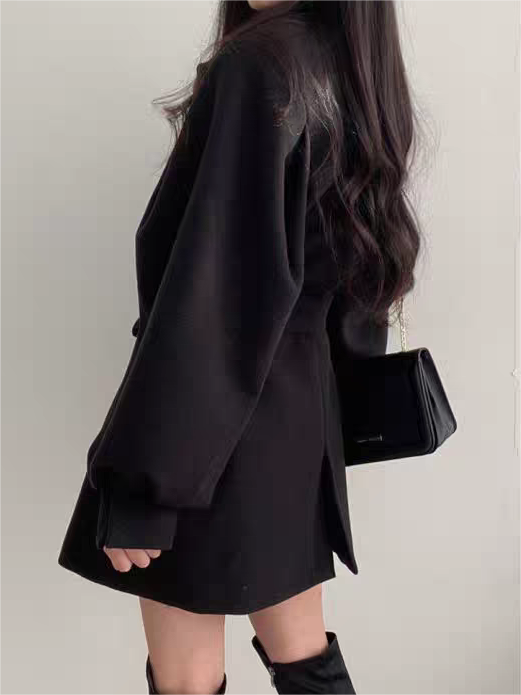 Lapel Collar Puff Sleeve Coat With Belt