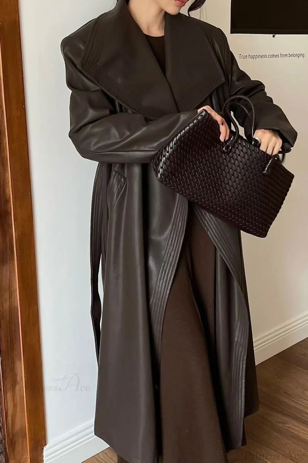 Broad Lapel Waist-tied Leather Overcoat
