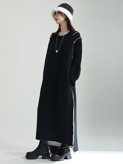 Long Sleeves Loose Color Round-neck Sweater Dresses