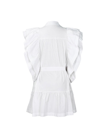 A-line High Waisted Buttoned Pleated Ruffled Color Tied Waist Lapel Mini Dresses