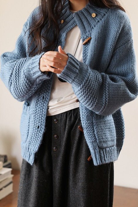 Wool Chunky Knit Wooden Button Sweater