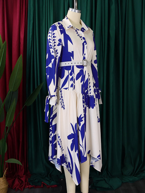 Irregular Clipping Long Sleeves Lace-up Pleated Printed Split-joint Tied Waist Lapel Maxi Dresses Shirt Dress