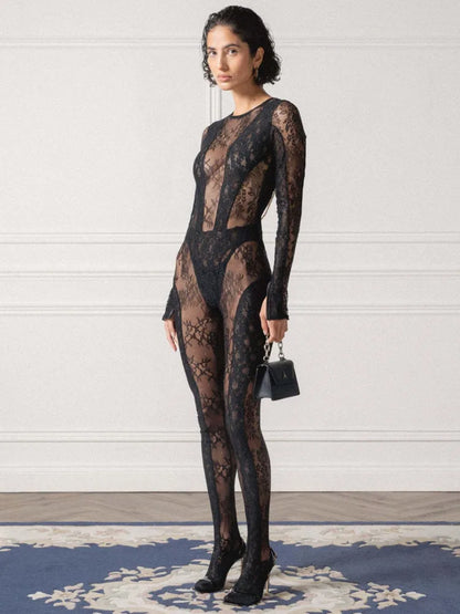 Lace Patchwork Long Sleeved See Through Jumpsuit Tight Backless Autumn Winter New Female Party Clothing
