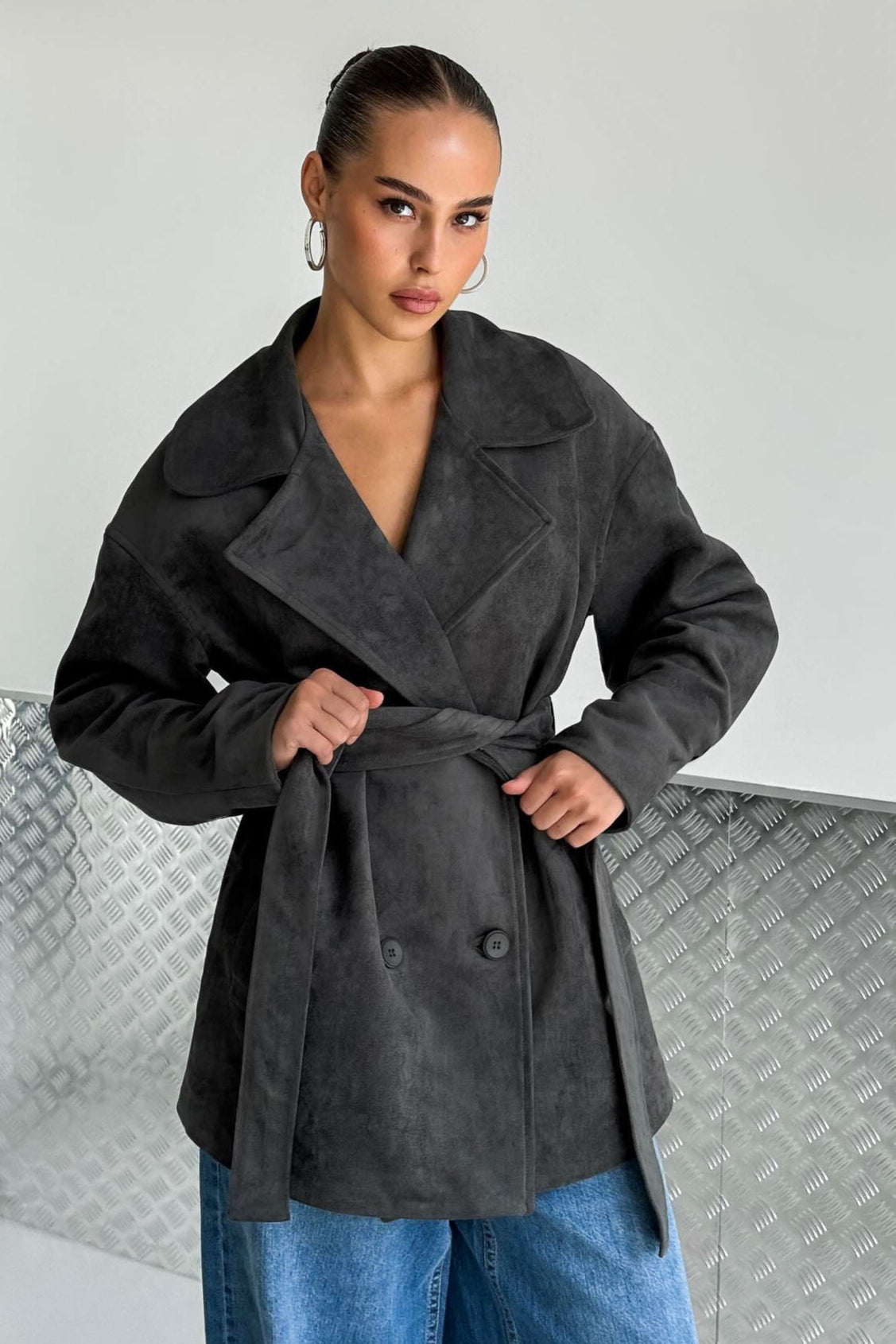 Brown Suede Tie Waist Overcoat