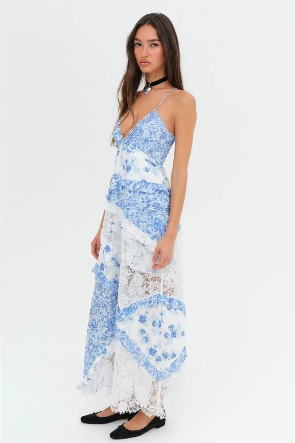 Deep V Ruffle Lace Patchwork Cami Maxi Dress