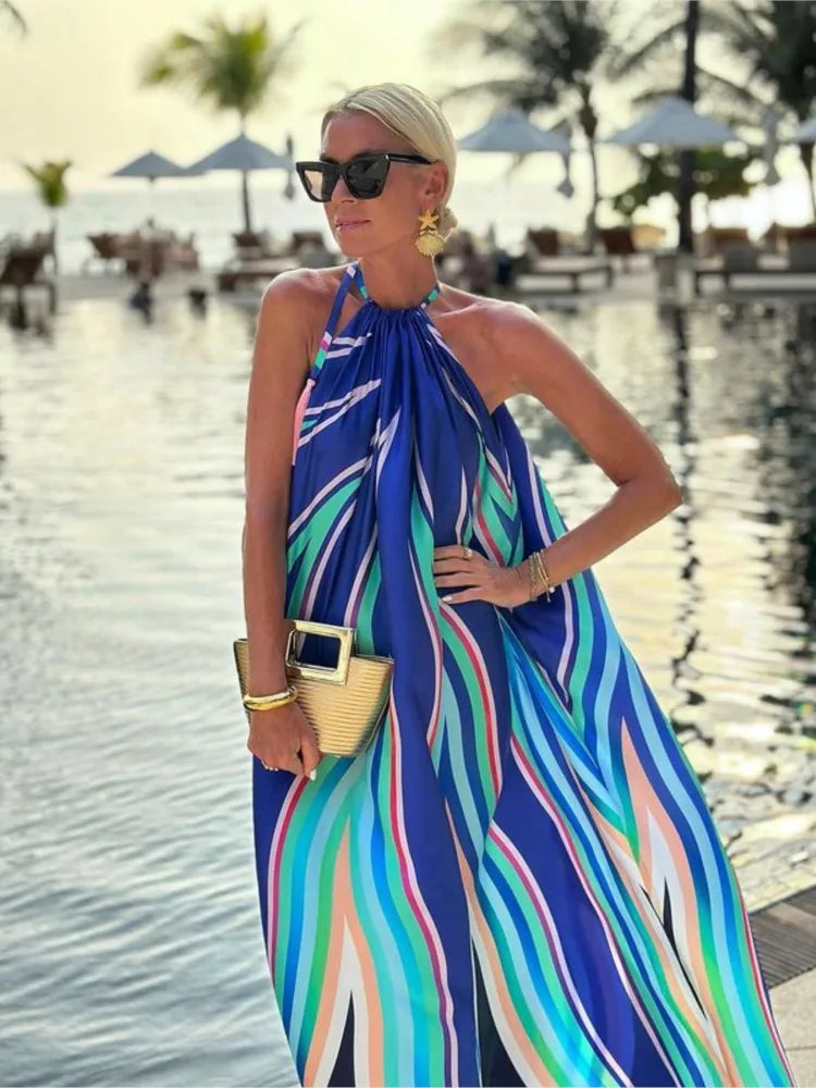 Summer Print Halter Neck Long Dresses Backless Vacation Style Loose Sleeveless Beach Dress Vestidos Female