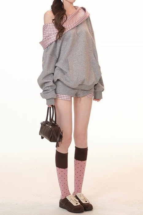 Plaid Patchworkoff-the-shoulder Oversized Two Piece Set