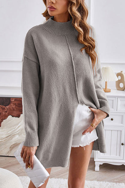 Color Half Turtleneck Pullover Sweater Fashionable Mid-length Slit Dress