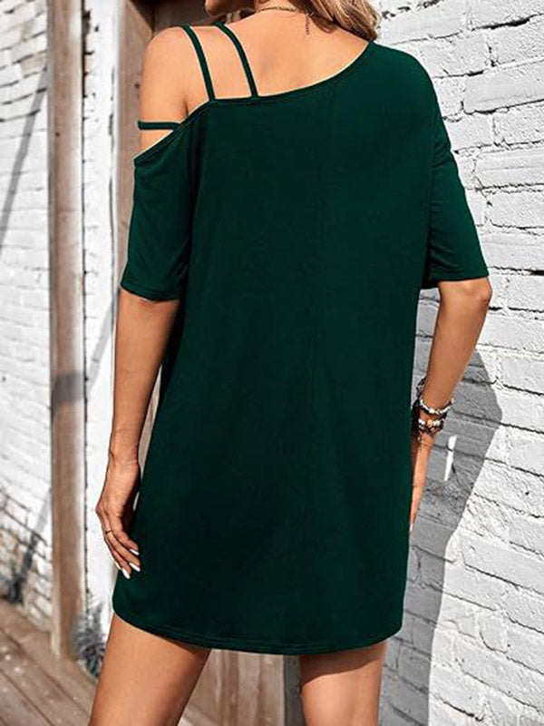 Loose Short Sleeves Asymmetric Color One-shoulder Mini Dresses