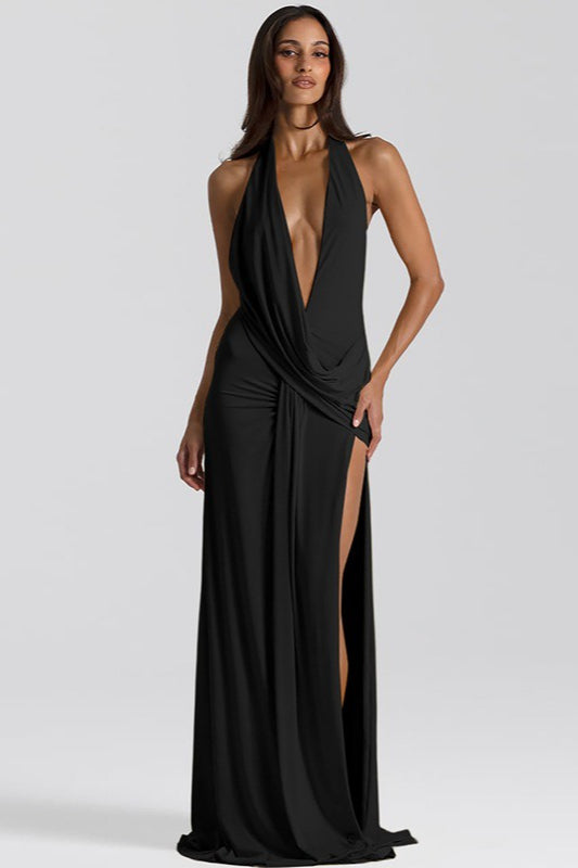 Halter Deep V Backless Slit Floor Maxi Dress
