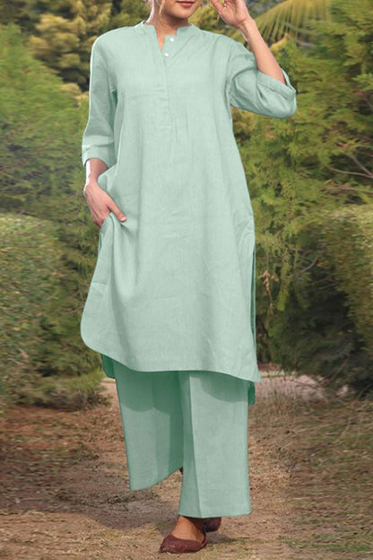 Cotton and Linen V-neck 3/4 Sleeve Wide Brimmed Pants 2-piece Set