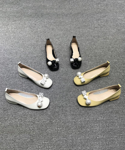 Comfy Bow Splicing Flats Yellow Cowhide Leather