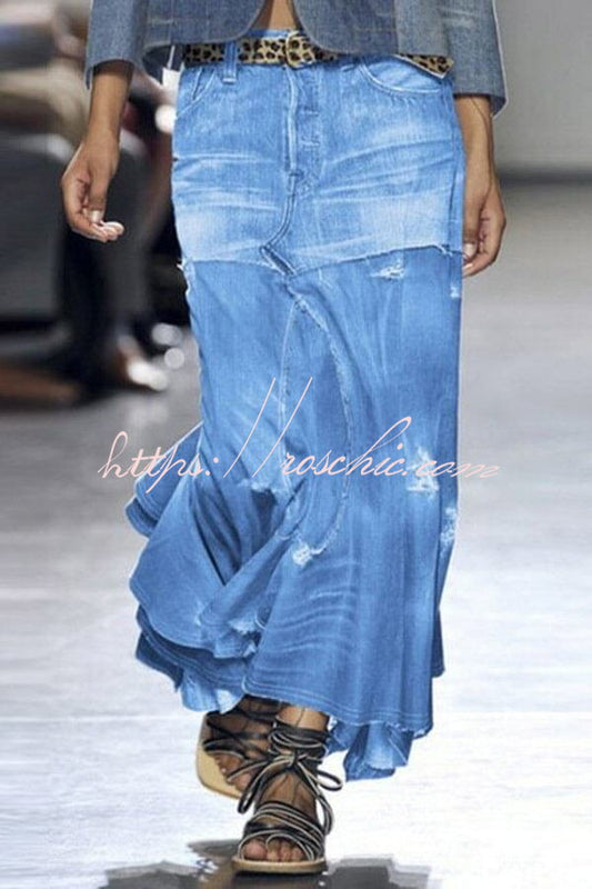 90's Distressed Paneled Irregular Hem Denim Skirt
