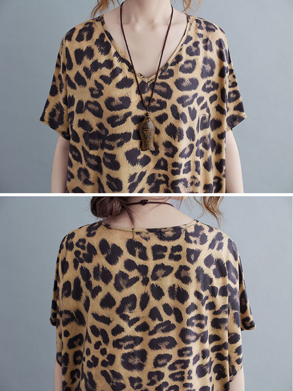 Loose Leopard V-neck Batwing Sleeves Maxi Dress