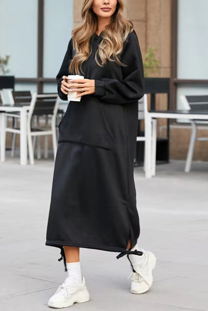 Color Hooded Lace-up Pocket Sweatshirt Style Midi Dress