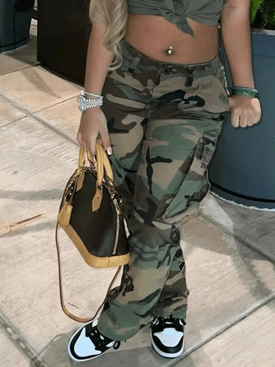 High Waist Camo Multicolor Cargo Pants Xs-5xl Street Side Pocket Camouflage Streetwears Straight Lady Trousers