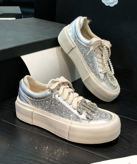 Silk Platform Cowhide Leather Splicing Lace Up Sequins Flat Shoes for