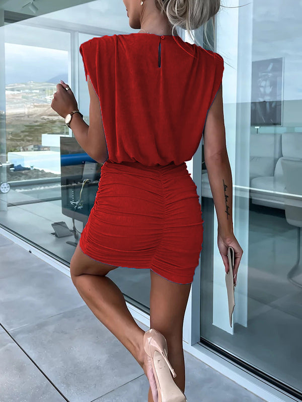 Short Sleeves Skinny Hollow Pleated Shoulder Pad Color Round-neck Mini Dresses