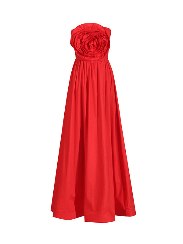 High Waisted Loose Pleated Color Split-joint Three-dimensional Flower Zipper Tube Maxi Dresses