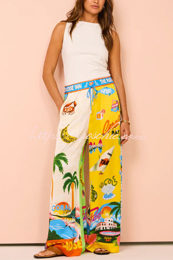 Kissed by the Sun Satin Unique Print Colorblock Elastic Waist Pocketed Wide Leg Pants