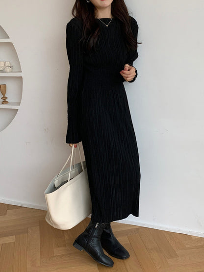 Simple Long Sleeves Black Split-joint Elasticity Waist Pleated Midi Dress