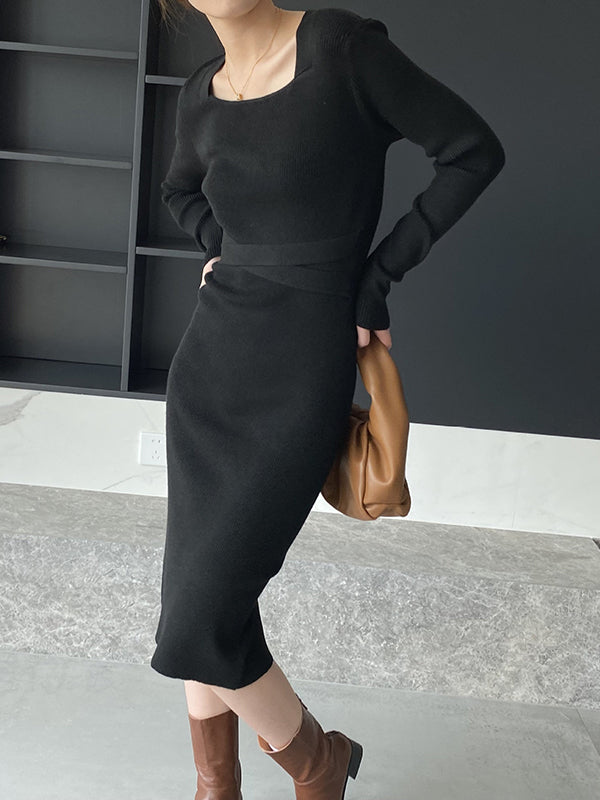 Simple Skinny Long Sleeves Color Square-neck Sweater Dresses