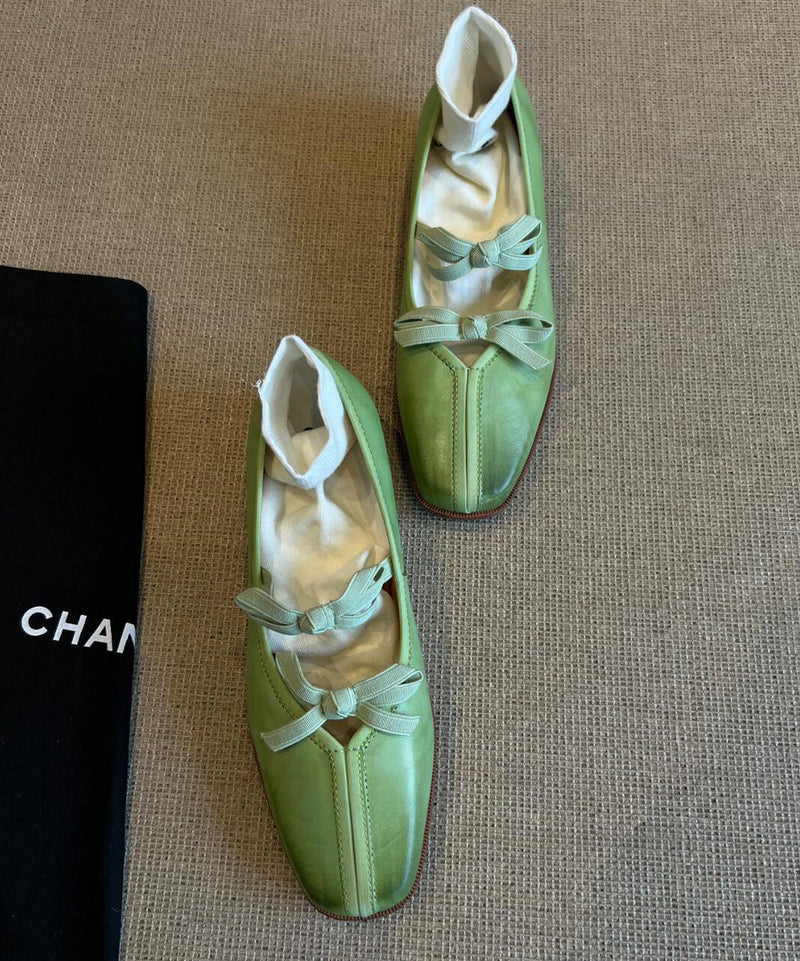 Fine Bow Splicing Comfy Flats Green Sheepskin