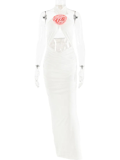 3d Flower Hollow Out Backless ’s Dress Zipper Female Sleeveless Bodycon Maxi Dress Party Club Evening Dress