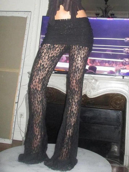Black High Rise Flare Leg Pants With Lace Splice
