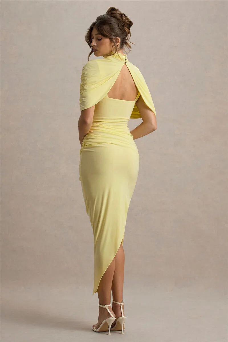 Lyricara — Backless Maxi Dress With Ruched Waist and Turtleneck