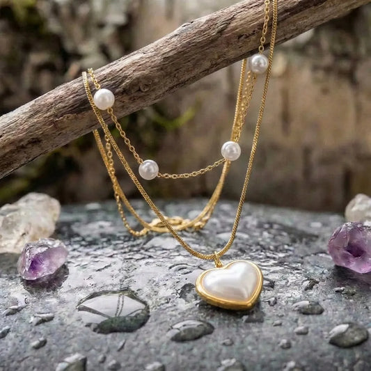 White Pearl Heart Gold Necklace