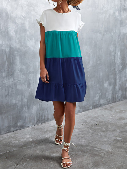 Loose Ruffle Sleeves Contrast Color Falbala Pleated Split-joint Round-neck Mini Dresses