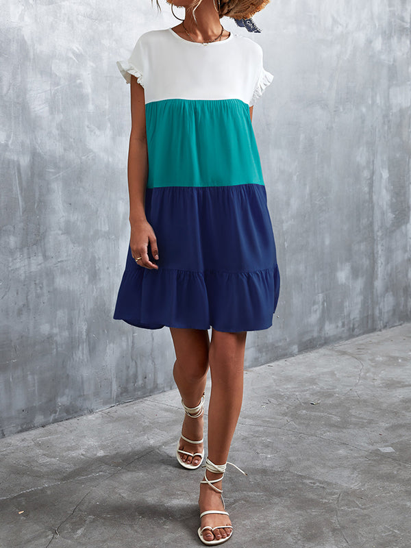 Loose Ruffle Sleeves Contrast Color Falbala Pleated Split-joint Round-neck Mini Dresses