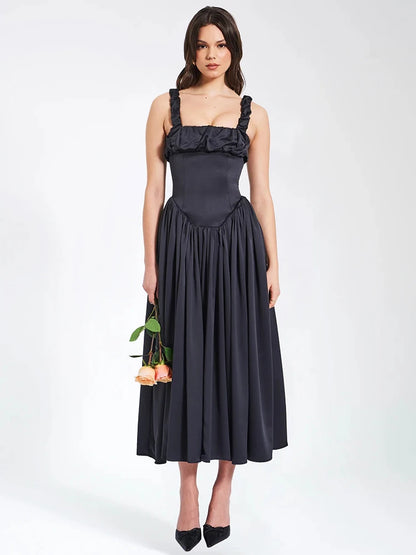 Satin Backless Midi Dress for Sundress Square Collar Sleeveless Loose Pleated Dress